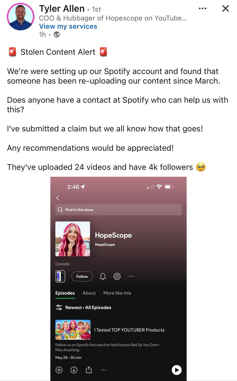 Кстати о модерации в Spotify.
Если вы не перезаливаете свой контент с YouTube на Spotify, кто-нибудь другой может делать это за вас | Сетка — социальная сеть от hh.ru
