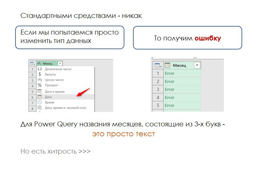 Как в Power Query текстовый формат месяца сделать датой
Стандартными средствами – никак
Но есть небольшая уловка 🤗, как можно заставить Power Query преобразовать текстовый формат месяцев в формат Дата | Сетка — социальная сеть от hh.ru