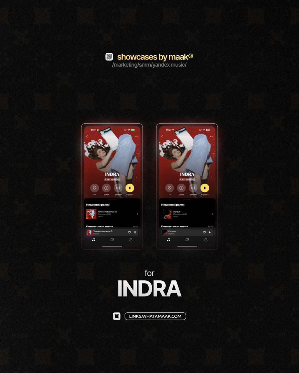 📱 Новый кейс — Продвижение в Яндекс Музыке для INDRA
✅ Что было сделано?
— Комплексное продвижение трека с целью увеличения прослушиваний и вовлеченности
🔥Заказать продвижение
⚡️Другие услуги#bymaak@w... | Сетка — социальная сеть от hh.ru