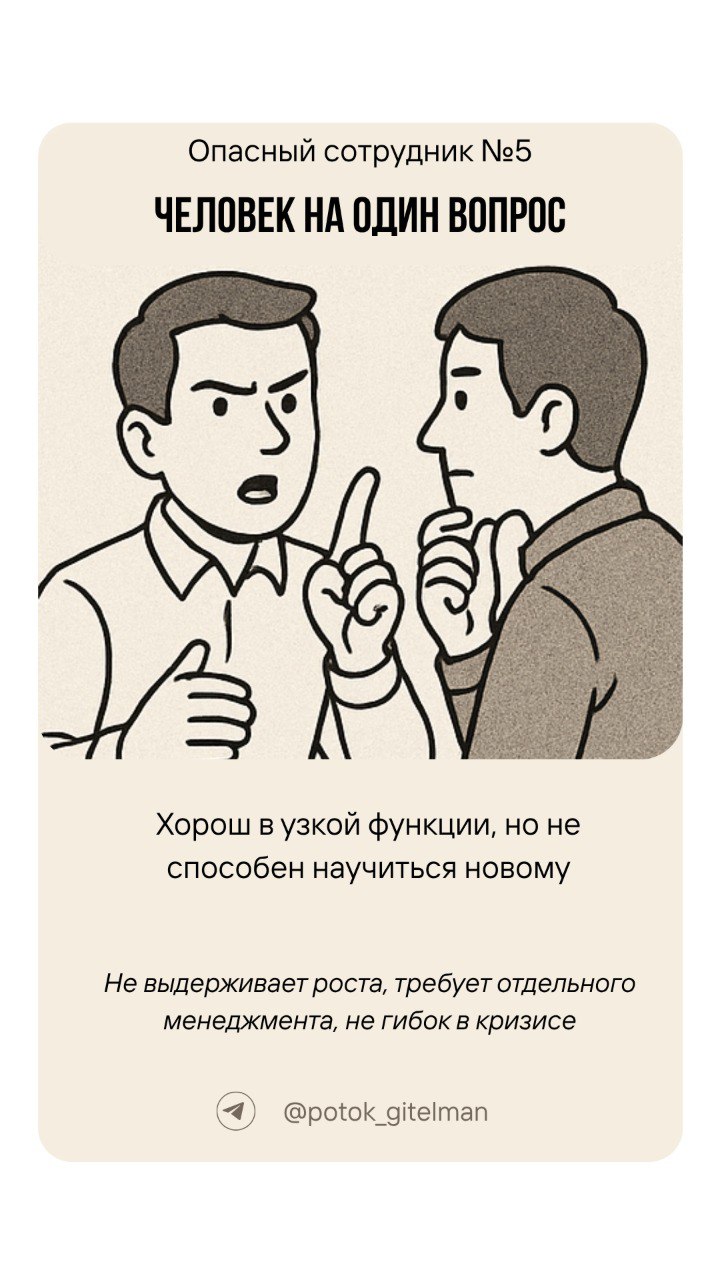 ⚠️ 7 опасных сотрудников
в компании
Подготовили 7 карточек, про сотрудников которые тянут результат компании на дно.
Такие сотрудники приходят
и остаются по 3 причинам:
1 | Сетка — социальная сеть от hh.ru