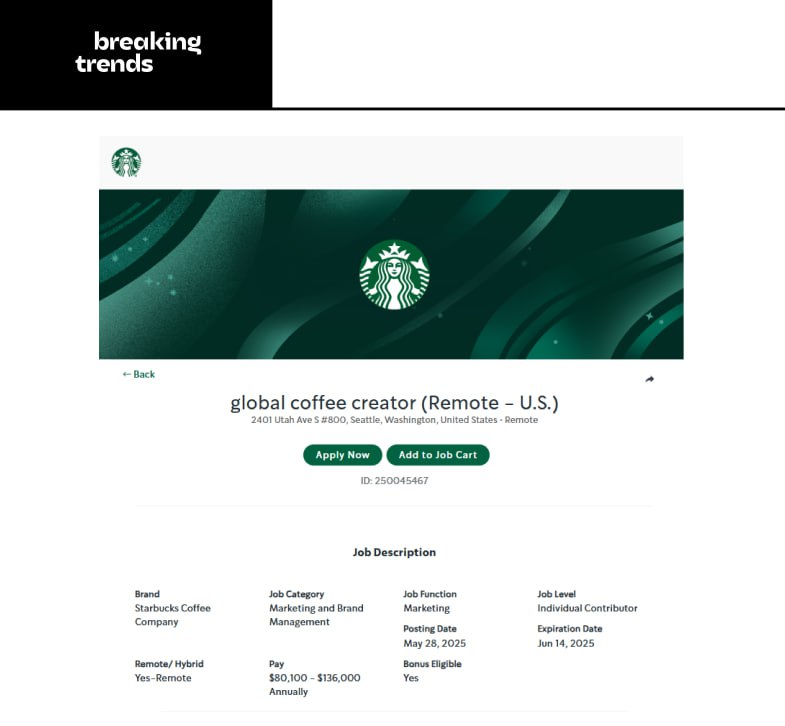 Starbucks наймёт двух зумеров, которые будут путешествовать по миру, пить кофе и снимать ролики для TikTok. Из требований к соискателям: удалёнка и необязательное высшее образование | Сетка — социальная сеть от hh.ru