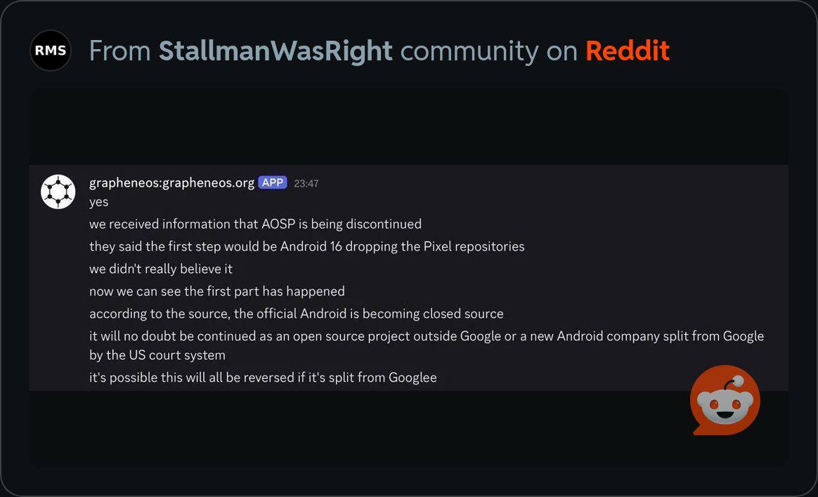 Столман был прав 🧐
Да, мы получили информацию, что AOSP прекращает своё существование. Говорят, что первым шагом станет отказ Android 16 от репозиториев Pixel | Сетка — социальная сеть от hh.ru