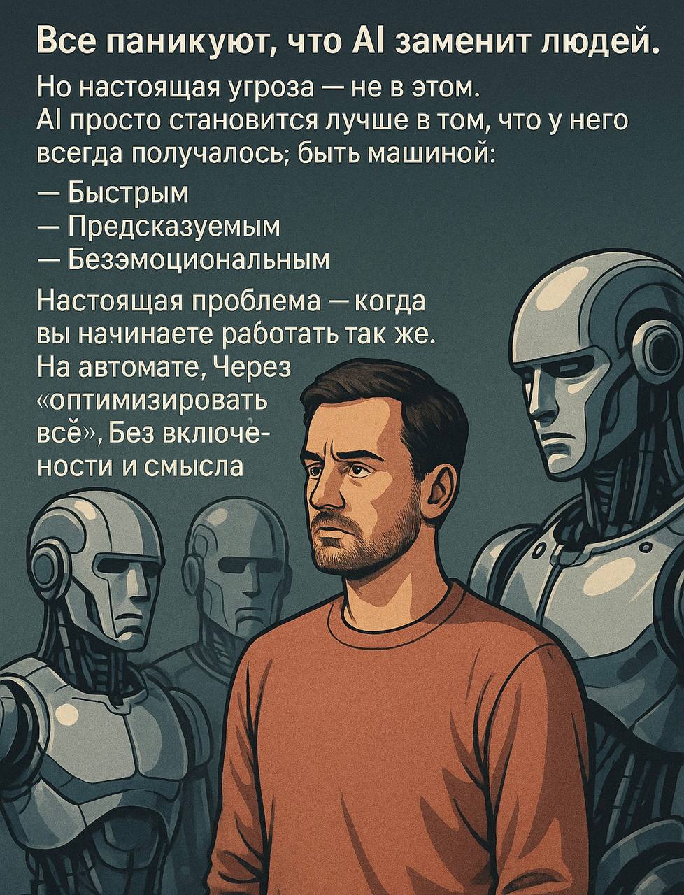 Не будь машиной, будь человеком
Все паникуют, что AI заменит людей
Но настоящая угроза — не в этом. AI просто становится лучше в том, что у него всегда получалось:
быть машиной | Сетка — социальная сеть от hh.ru