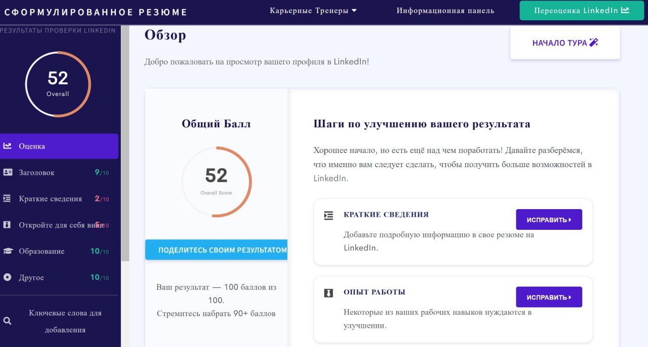 Если у вас есть профиль на Ln, вот инструмент, который поможет вам с обратной связью по вашему профилю: https://resumeworded.com
Просто скачиваете свой профиль с Ln и загружаете в систему по ссылке | Сетка — социальная сеть от hh.ru