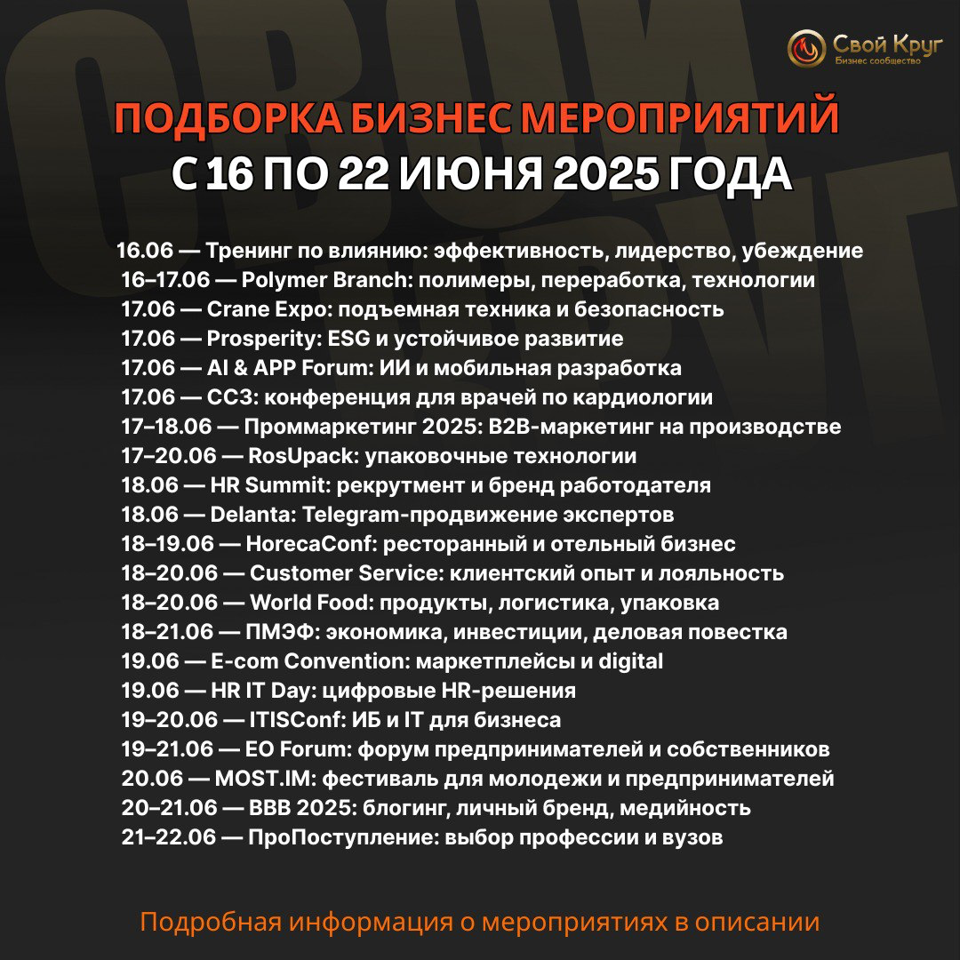 Подборка бизнес мероприятий на неделю с 16 по 22 июня | Сетка — социальная сеть от hh.ru