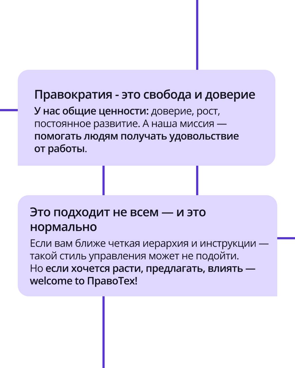 🟣 Без начальника, контроля за часами и приказов сверху
⠀Звучит как мечта? А для нас — как рабочая реальность.
⠀
ПравоТех строит культуру доверия и ответственности | Сетка — социальная сеть от hh.ru