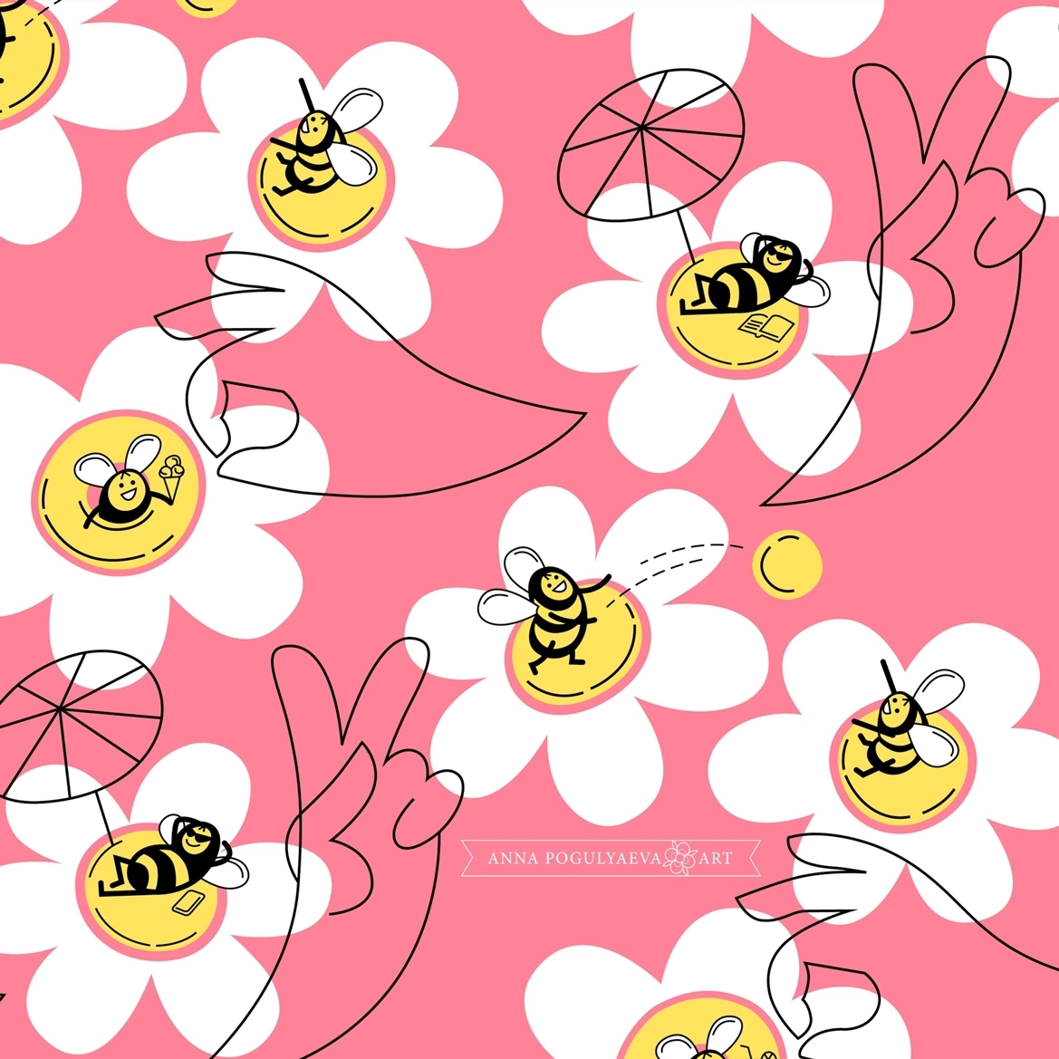 Шмели и ромашки. Летний принт для ткани, мерса, аксессуаров | Сетка — социальная сеть от hh.ru