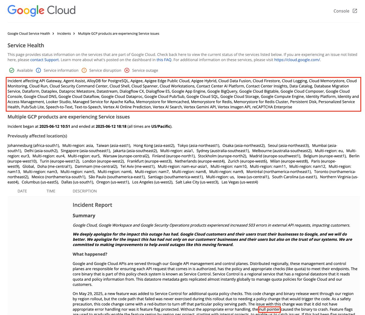 null, который положил Google Cloud Platform 😱
Вокруг только и разговоров, что о post-mortem недавнего инцидента в Google Cloud 👩‍💻
12 июня Google Cloud прилёг. На несколько часов так прилёг | Сетка — социальная сеть от hh.ru