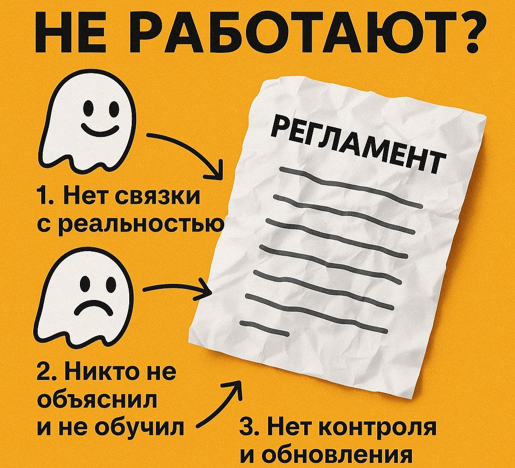 📄 Почему регламенты не работают? 3 ошибки, которые делают их бесполезными
«Регламент — это не документ. Это поведение. А если он просто лежит в папке — это не системность, это самообман | Сетка — социальная сеть от hh.ru