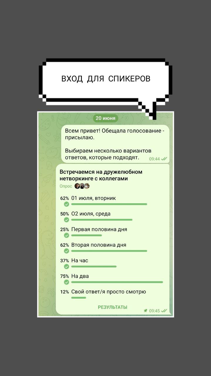 01 июля вторая половина, тайминг 2 часа пока лидируют.
Что планируем: дружелюбный нетворкинг с коллегами-спикерами.
Просто пообщаться и найти точки пересечения, пока активный сезон на паузе | Сетка — социальная сеть от hh.ru