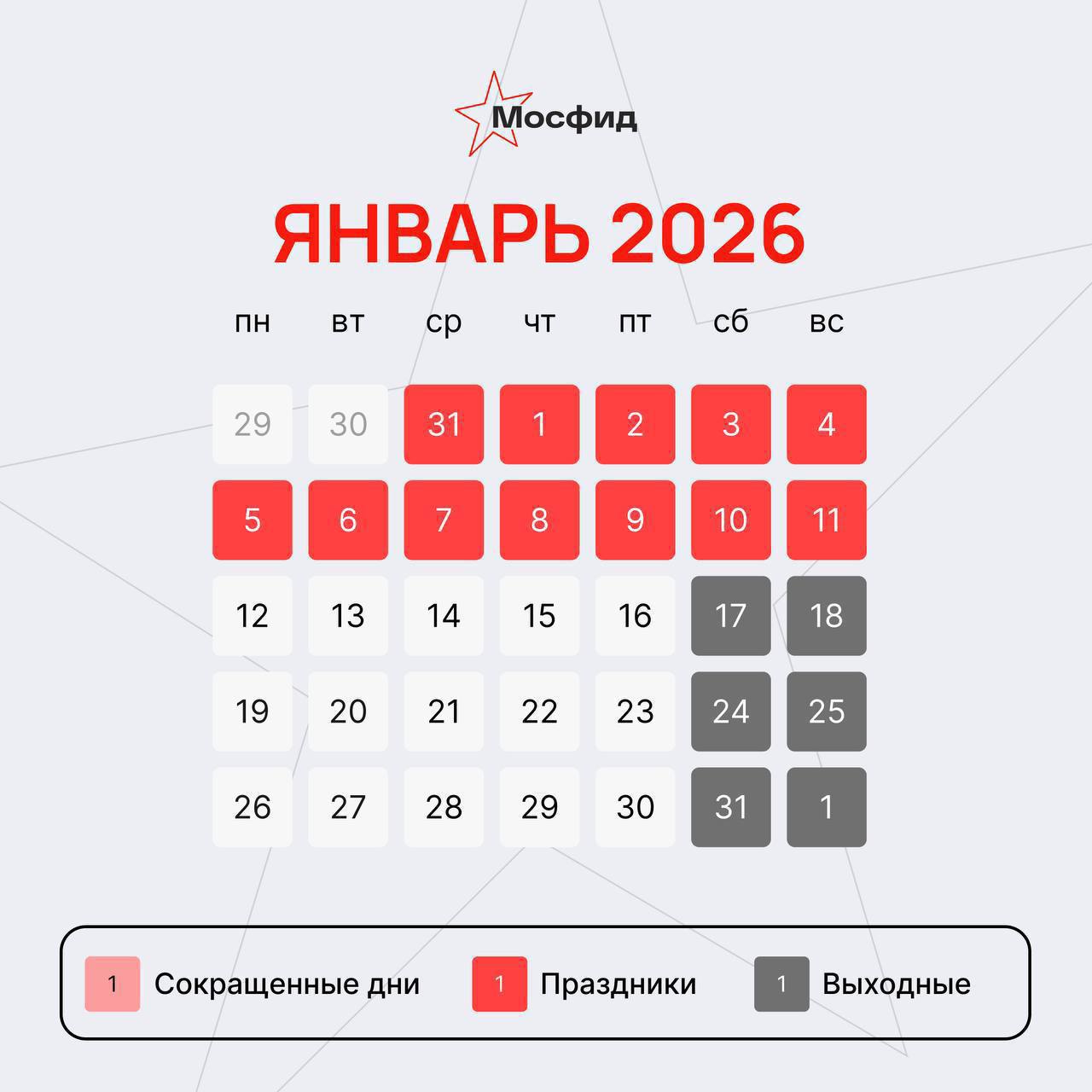 📆12 праздничных дней ждут россиян в новогодний период 2026 года
Выходные дни сделают с 31 декабря по 11 января, заявили в комитете Госдумы по труду и социальной политике.
📲Подпишитесь на Вдвижении | Сетка — социальная сеть от hh.ru