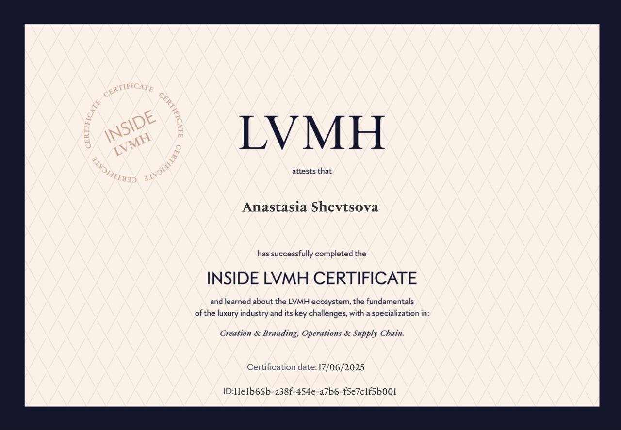 Сертификация
Для меня категория люкса сейчас особенно интересна, ведь совсем недавно я стала сертифицированным специалистом ещё и в этой области | Сетка — социальная сеть от hh.ru