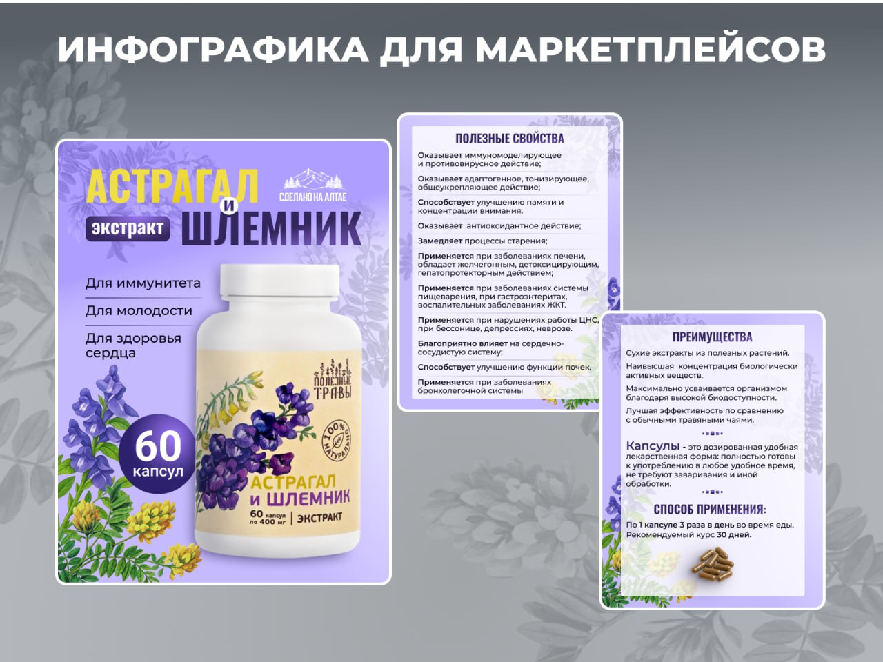 Инфографика для новой карточки из уже привычной линейки товаров для здоровья.
Продукт - капсулы с экстрактом астрагала и шлемника | Сетка — социальная сеть от hh.ru