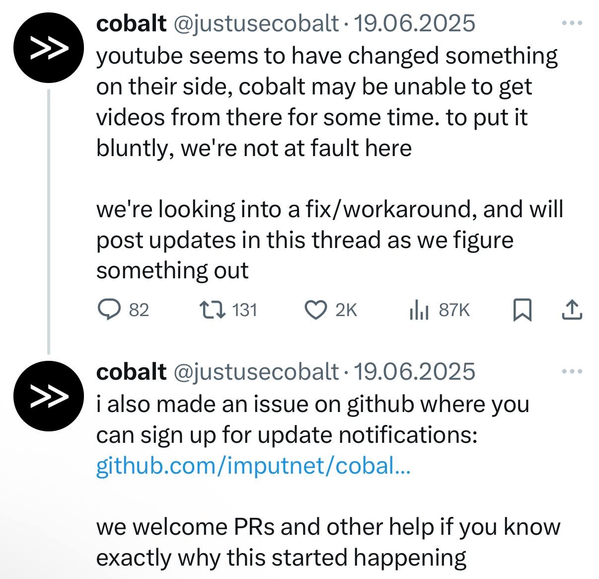 В cobalt.tools временно не работает скачивание с YouTube
https://github.com/imputnet/cobalt/issues/1356 | Сетка — социальная сеть от hh.ru