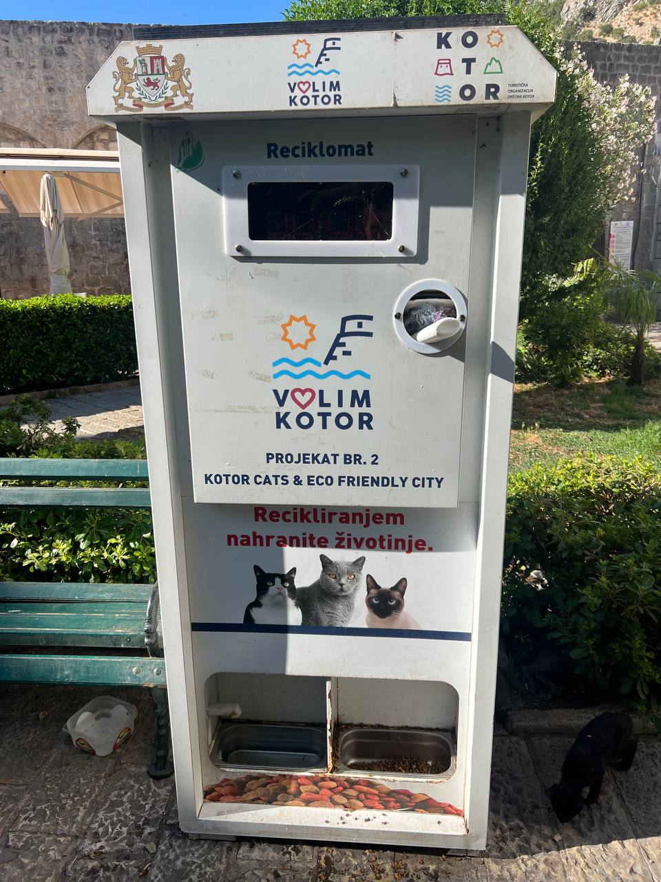 Это автомат для переработки пластика в Которе. Суешь внутрь бутылочку — из автомата отсыпается порция корма для бездомных котиков
Котиков тут, соответственно, дофига
Люблю такое | Сетка — социальная сеть от hh.ru