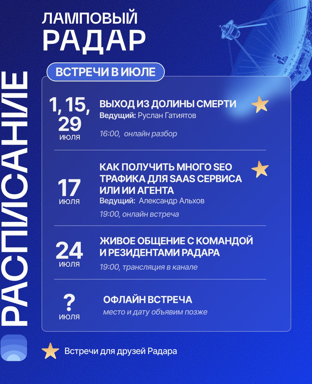 ⚡️ Июль – календарь мероприятий сообщества Product Radar
🖥Онлайн-встречи сообщества
«Выход из долины смерти»
🔴1, 15, 29 июля, 16:00 - 18:00 (МСК)
Разбор стартапов на ранних стадиях, поиск точек роста,... | Сетка — социальная сеть от hh.ru