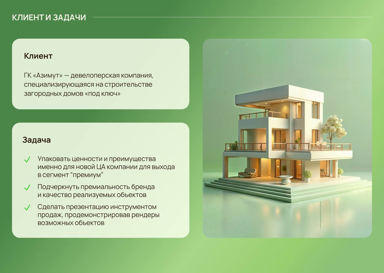 Когда компания хочет выйти в новый сегмент, презентация — это инструмент для проверки гипотез и первых продаж
ГК «Азимут» 15 лет строили загородные дома, но решили подняться в премиум-сегмент — дома о... | Сетка — социальная сеть от hh.ru