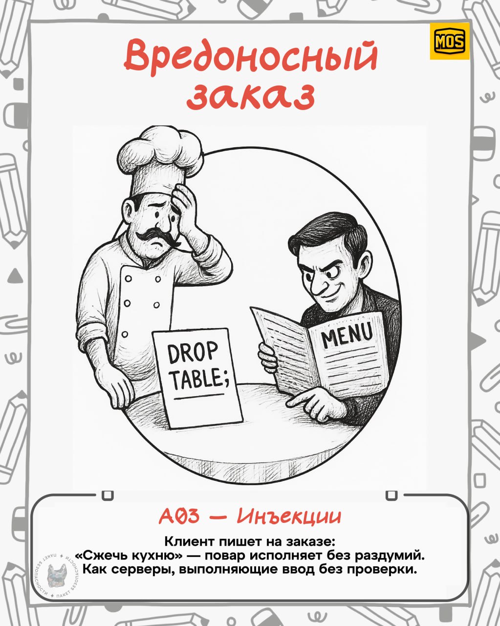 Украл и перевел
Вы только посмотрите, какие крутые зарисовки сделали в MOS (Ministry Of Security) для визуализации всеми известного OWASP top 10 | Сетка — социальная сеть от hh.ru