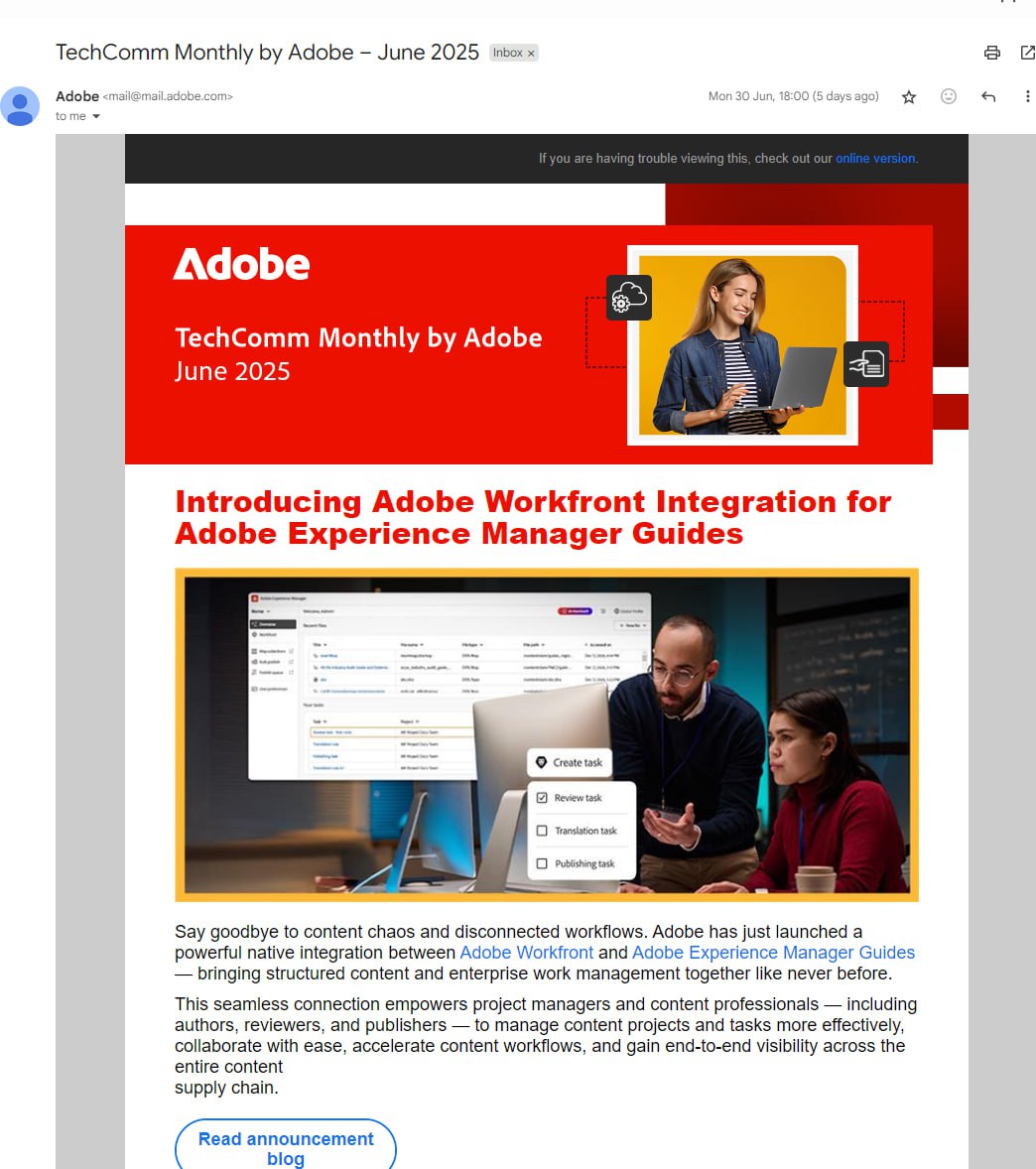 Почему официальная рассылка techcomm направления от бедной инди-компании Adobe выглядит как спам-емейл из нулевых? | Сетка — социальная сеть от hh.ru