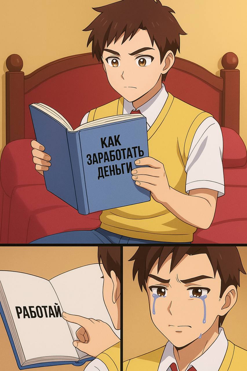 Классика
🍊 Рубрика: Воскресная манга
Генерация через ИИ
Не давно услышал вопрос:
Как заработать?
Не могут не вспомнить, старый мем и сделал из него мангу 😁
Кто еще знает как?))
#ВоскреснаяМанга #класс... | Сетка — социальная сеть от hh.ru