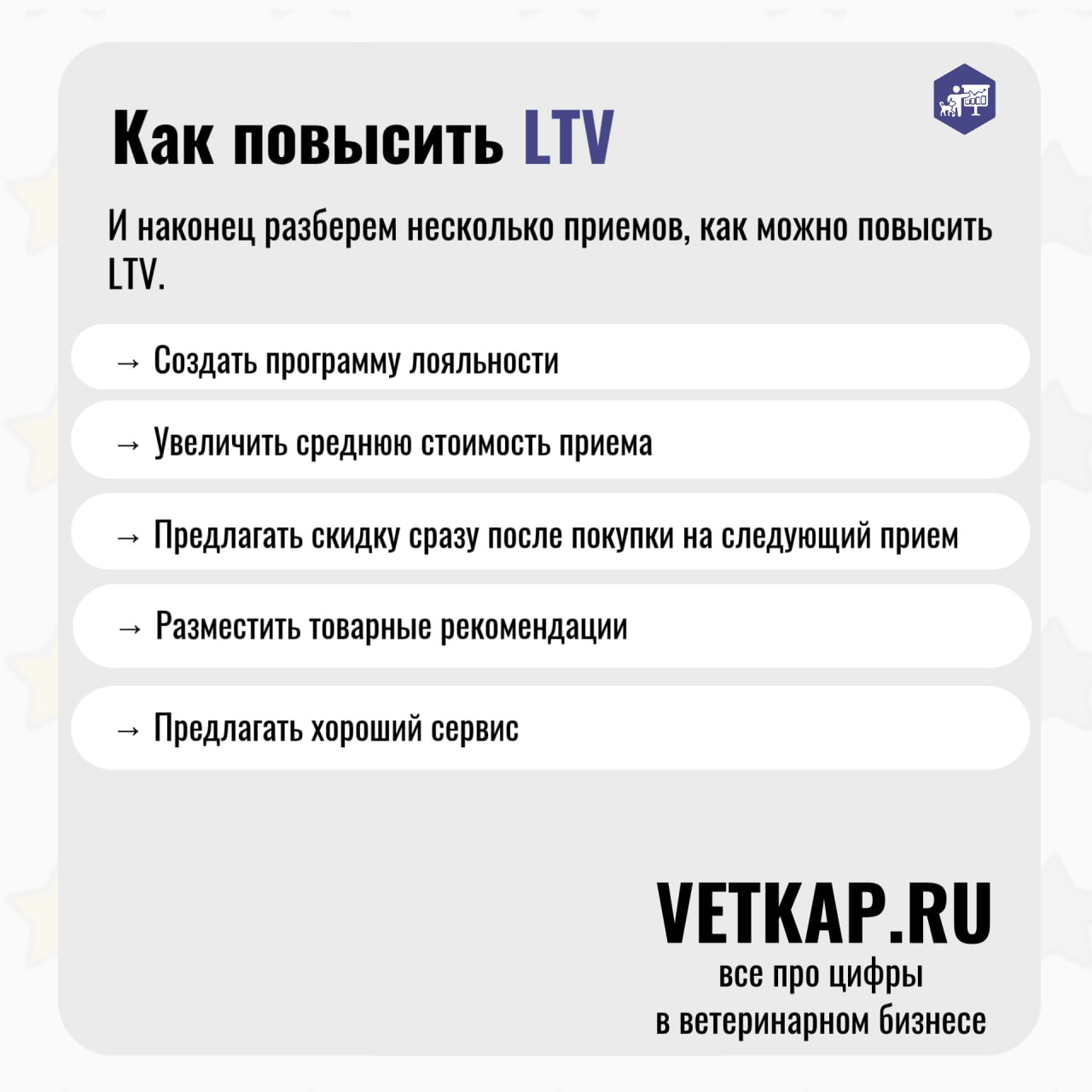 💱 LTV в ветеринарном бизнесе: почему это важно?
🎯 Многие владельцы ветеринарных клиник даже не подозревают, насколько прибыльными могут быть их постоянные клиенты | Сетка — социальная сеть от hh.ru