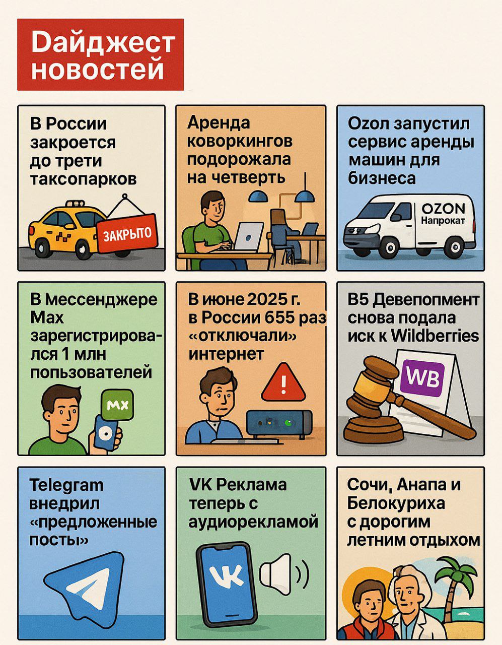 ДАЙДЖЕСТ НОВОСТЕЙ
🚖 До трети таксопарков в России могут закрыться
Рост конкуренции, нехватка водителей и экономическое давление вынуждают таксопарки уходить с рынка | Сетка — социальная сеть от hh.ru