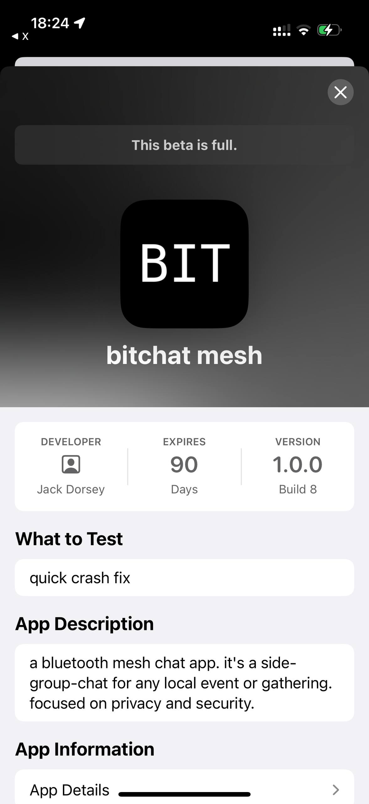 Если вы хотели потрогать блютус месеннджер от Джека Дорси через TestFlight, то не выйдет. Уже все места разобрали.
Надо собирать лапками | Сетка — социальная сеть от hh.ru