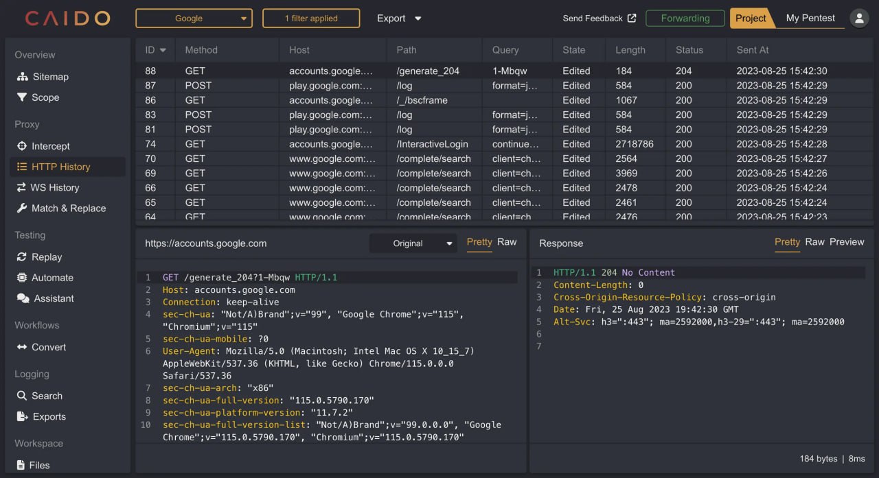 Очень хорошая альтернатива Burp Suite
Caido - lightweight web security auditing toolkit
https://caido.io/ | Сетка — социальная сеть от hh.ru