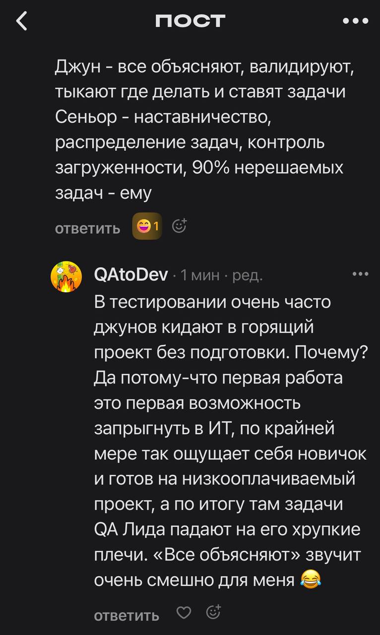 Интересно, много ли джунов здесь, которым все объясняли?
Искренне хочу собрать статистику от вас, а то получается, что джунам хорошо, а qa лидам плохо 🥲🥲🥲
На скриншоте ни слова про мидла, видимо они т... | Сетка — социальная сеть от hh.ru