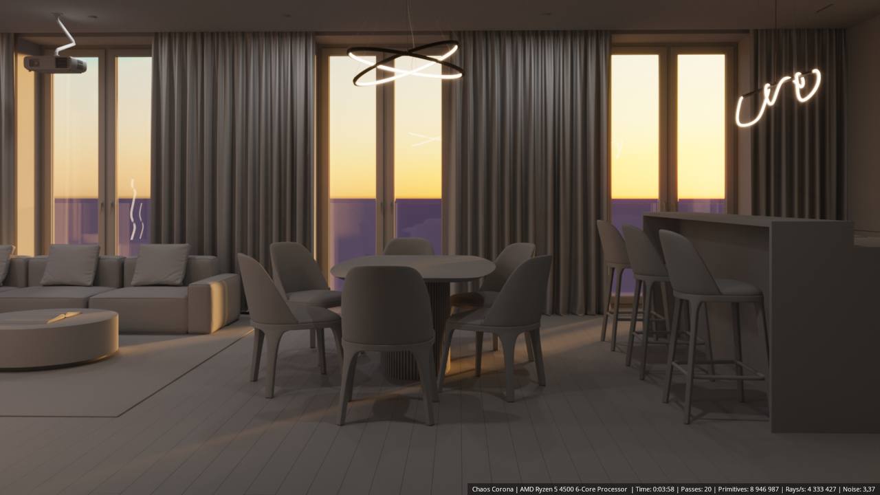 Продолжаю сборку 3D-визуализации. 🌆
Основные этапы:
✅ Камеры расставлены.
✅ Свет настроен (день/вечер).
➡️ Осталось: накинуть текстуры + добавить фон | Сетка — социальная сеть от hh.ru