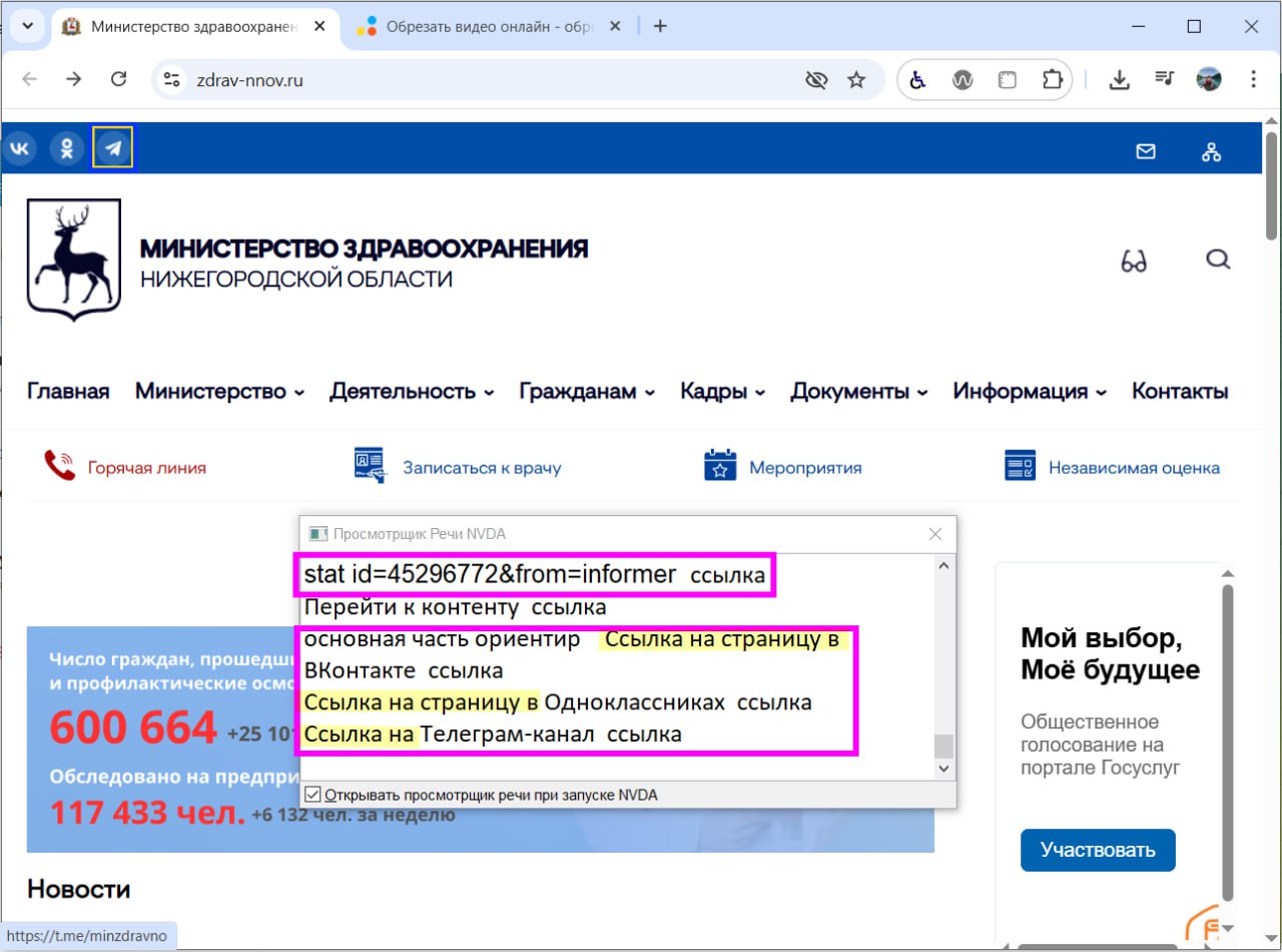 Ссылка на Яндекс.Метрику — первое, что озвучивает скринридер на сайте  
Озвучивается малопонятный айди метрики. Доступного имени у ссылки нет, поэтому скринридер берёт, что нашел — адрес ссылки | Сетка — социальная сеть от hh.ru