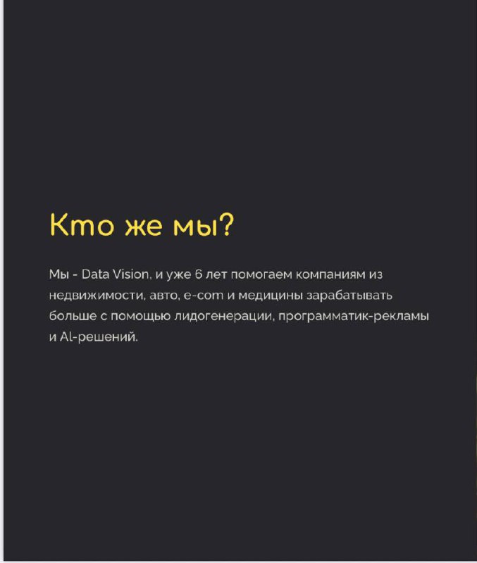Кто же мы?🤷‍♀
Мы - Data Vision, и уже 6
лет помогаем компаниям из недвижимости, авто, е-соm и медицины зарабатывать больше с помощью лидогенерации, программатик-рекламы и Al-решений | Сетка — социальная сеть от hh.ru
