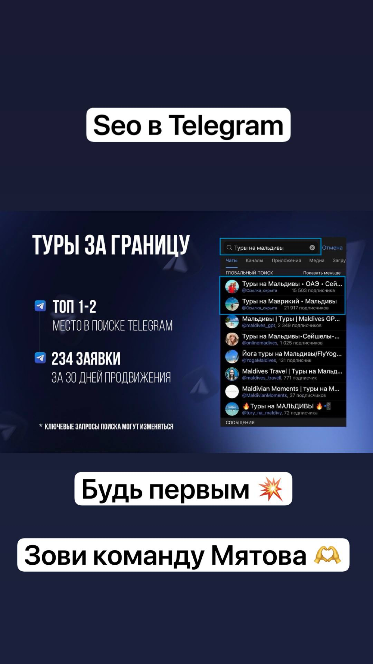 Туры заграницу seo в Телеграм:
234 заявки за 30 дней | Сетка — социальная сеть от hh.ru