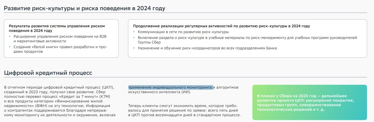 Полистал ежегодный отчет Сбера за 2024 год и увидел проект, в запуске которого участвовал (я про Индивидуальный мониторинг). Приятно 🍷
Весь отчет 486 листов тут | Сетка — социальная сеть от hh.ru