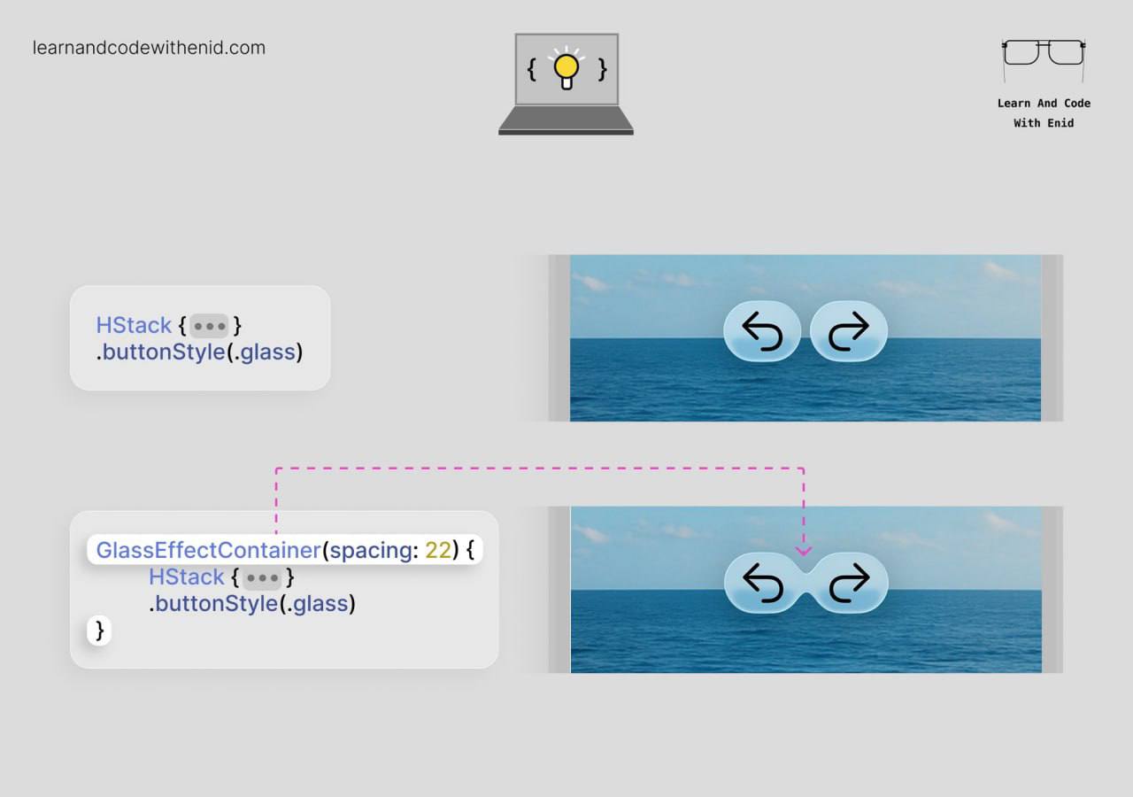 Новое в SwiftUI
Используй GlassEffectContainer для группировки связанных элементов Liquid Glass в единую форму, что позволяет добиться плавного визуального смешивания | Сетка — социальная сеть от hh.ru