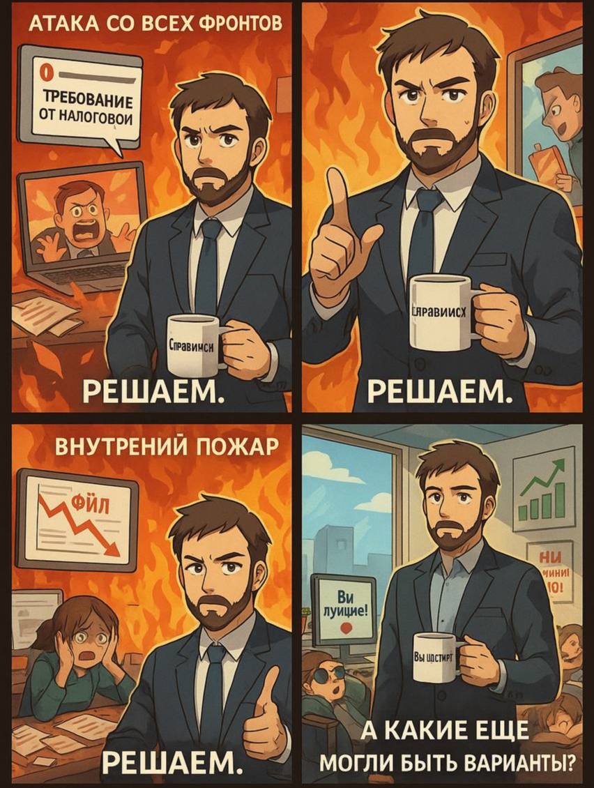 А какие еще могут быть варианты?
🍊Рубрика: Воскресная манга
Генерация через ИИ
Быть руководителем - видеть решения там, где другие видят только проблемы | Сетка — социальная сеть от hh.ru