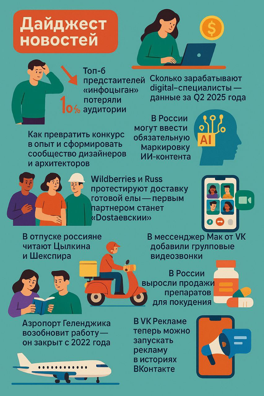 ДАЙДЖЕСТ НОВОСТЕЙ рынка  за неделю
🧞‍♂️ Инфоцыгане теряют хватку
Топ-6 представителей инфобизнеса потеряли 10% аудитории за полгода. Среди них: Курпатов, Трансформатор, Саврасов и др | Сетка — социальная сеть от hh.ru