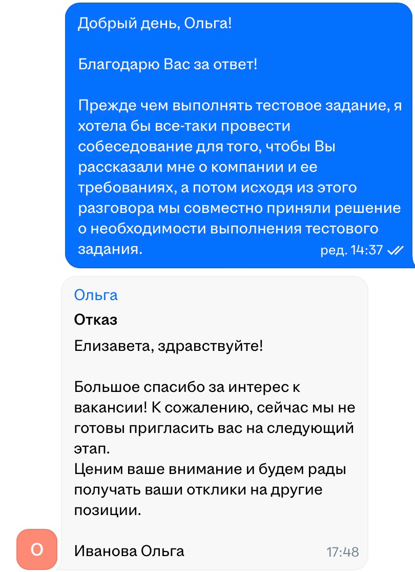 Спустя месяц после отклика
Разбирает 11% откликов
«Елизавета, нас заинтересовала ваша кандидатура | Сетка — социальная сеть от hh.ru
