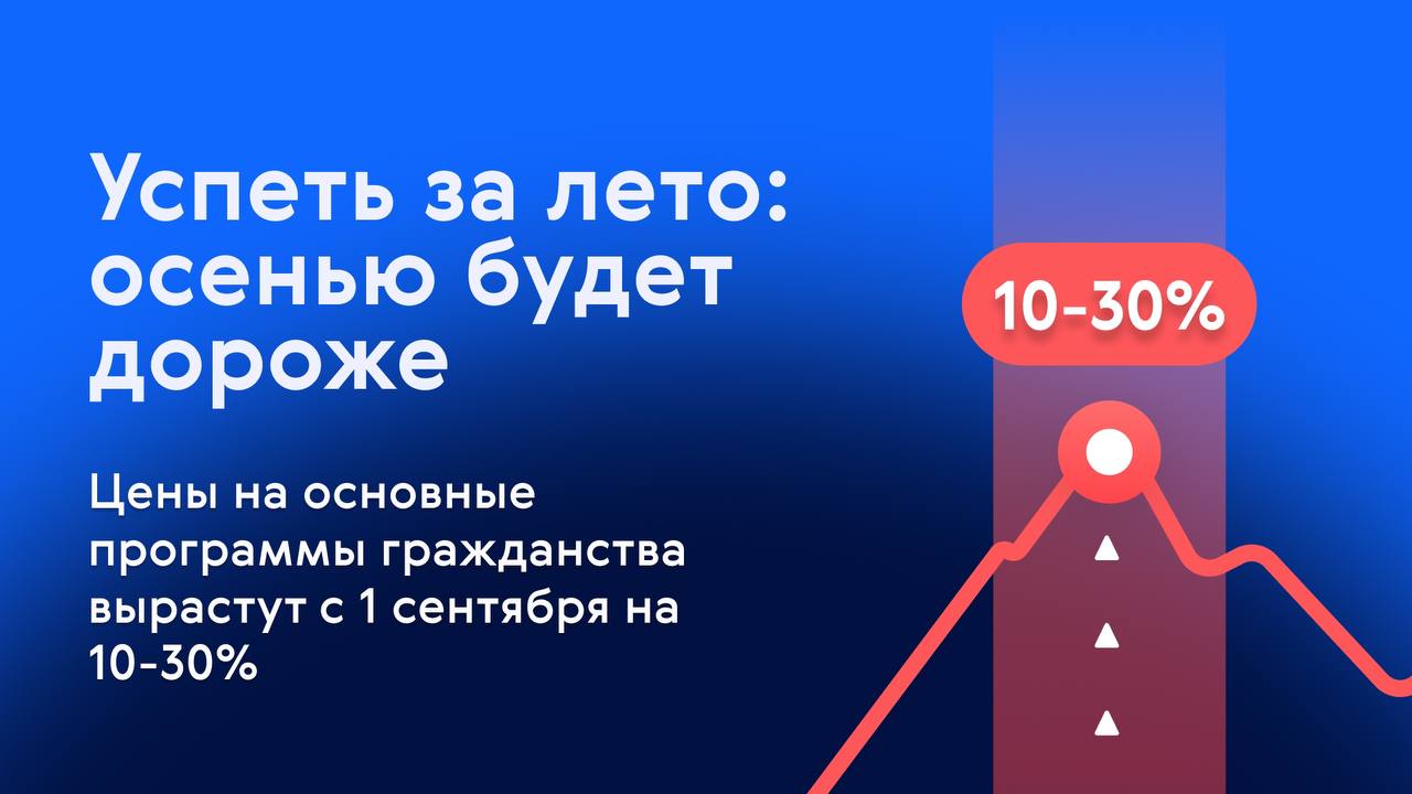 🕑 Успеть за лето: осенью будет дороже
Цены на основные программы гражданства вырастут с 1 сентября на 10-30% | Сетка — социальная сеть от hh.ru