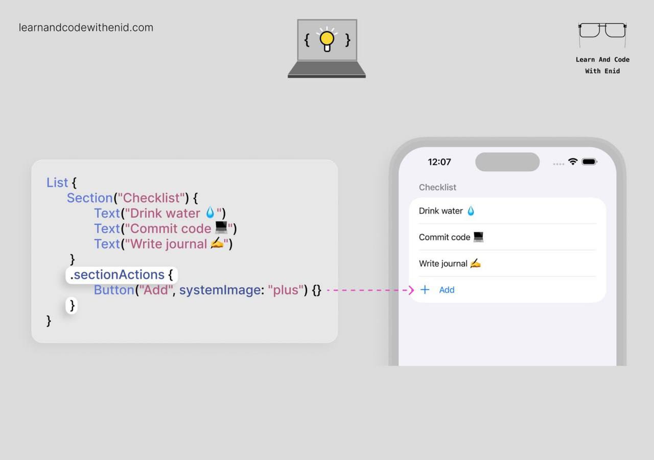 SwiftUI совет
Начиная с iOS 18.0, к секциям в List можно привязывать действия с помощью модификатора sectionActions() | Сетка — социальная сеть от hh.ru