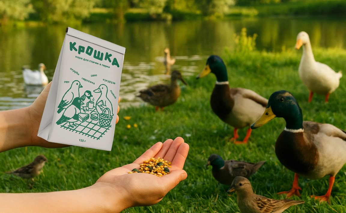 Смешной концепт корма для птичек. Вы только посмотрите как они чилят на пикничке!
Обожаю кормить уток в парках. Как-то так то себе и представляю.
Автор: Анастасия Алексеевская
#брендинг | Сетка — социальная сеть от hh.ru