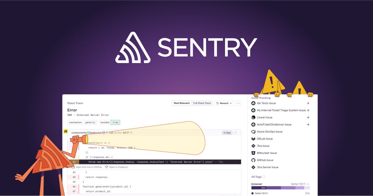 Sentry для отлова ошибок
Пользователи жалуются, что на сайте возникает ошибка. У разработчика "всё работает". В команде разработки никто ошибку не может воспроизвести ни на одном устройстве | Сетка — социальная сеть от hh.ru