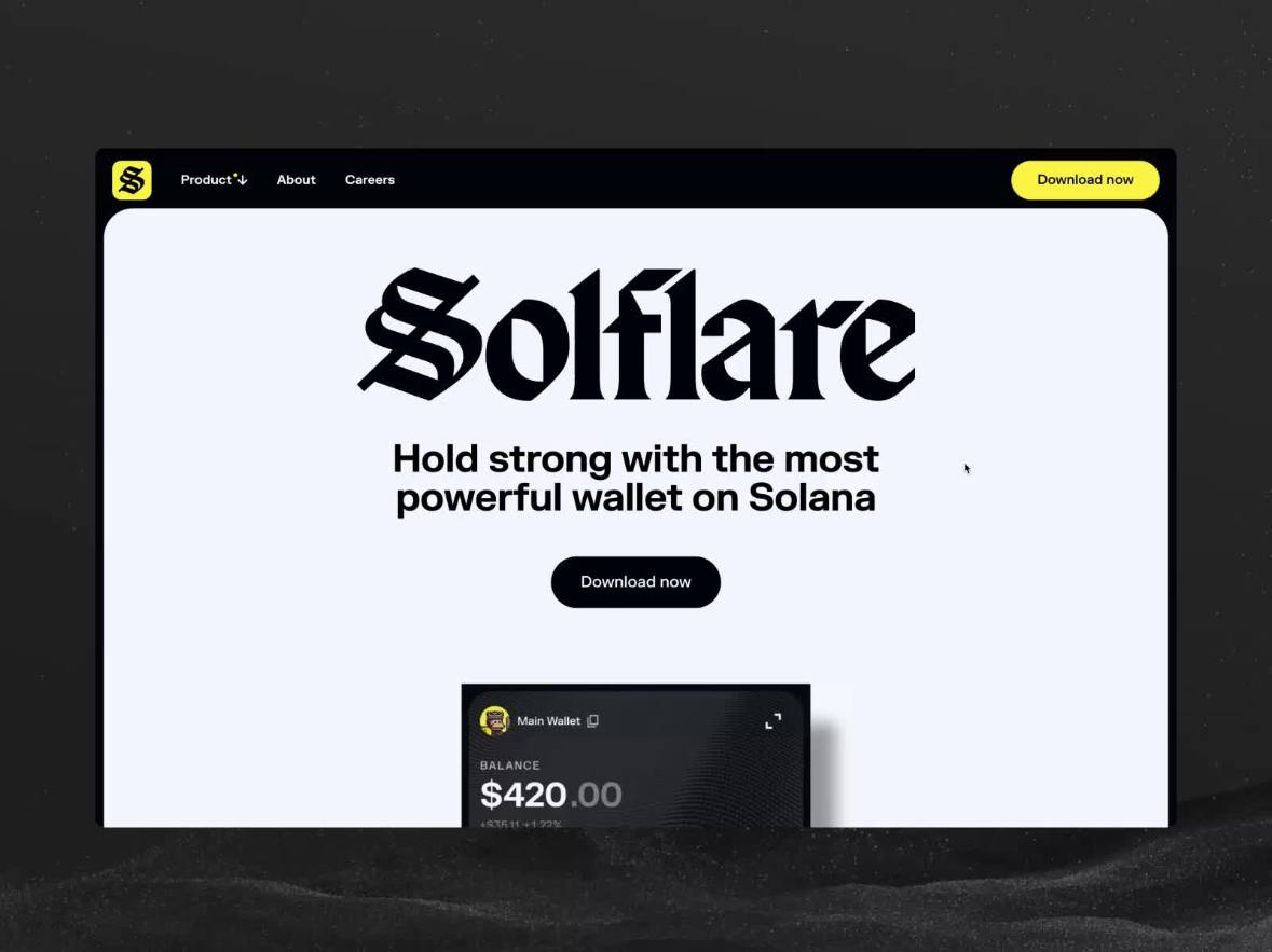 🙌 Референс дня: Solflare — это визуально лаконичный и технологически проницательный дизайн: строгая минималистичная чёрно-белая палитра разбивается ярким жёлтым акцентом, элегантная типографика и круп... | Сетка — социальная сеть от hh.ru