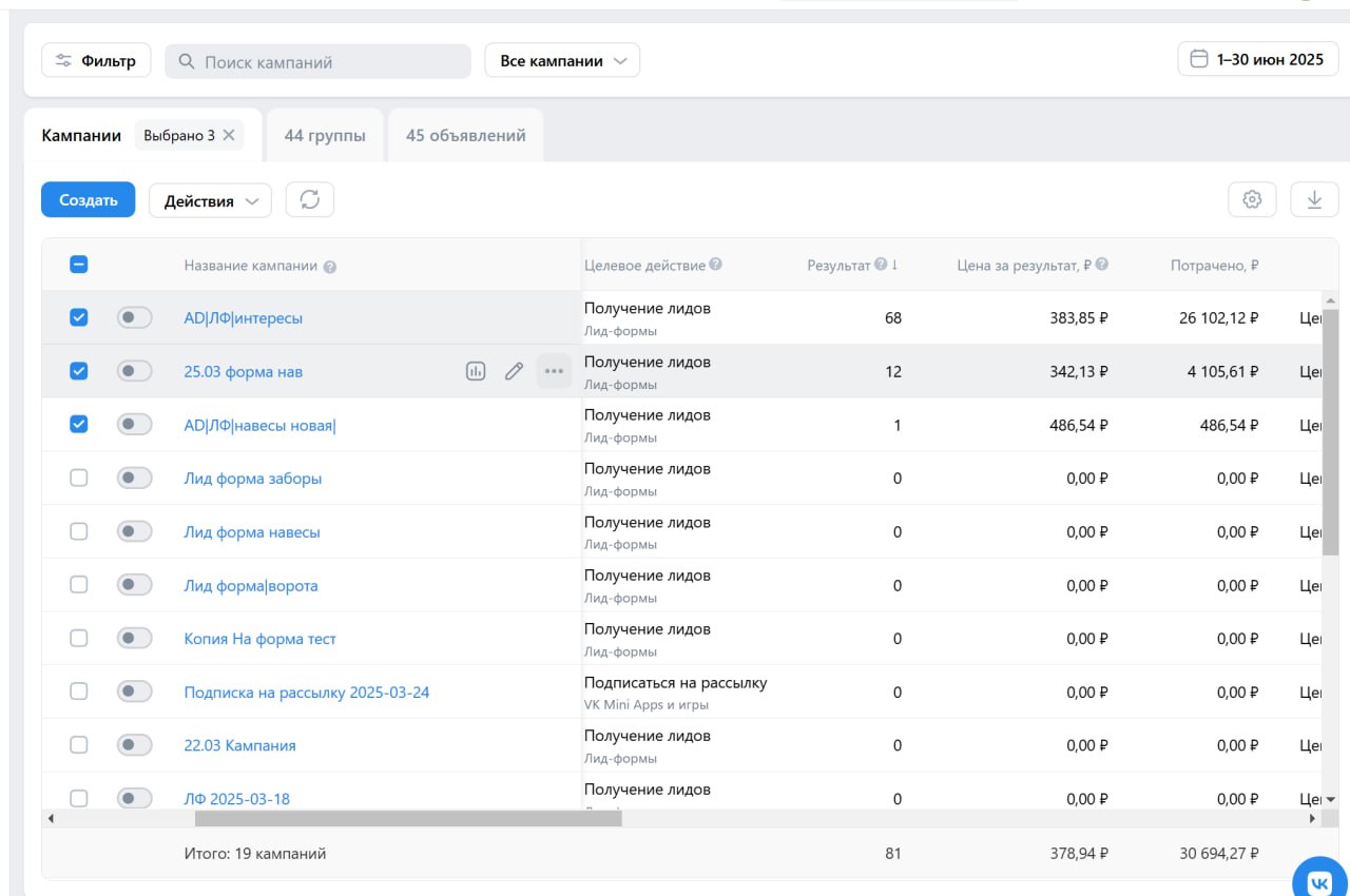 🔩 +81 заявка за июнь на навесы, заборы и ворота — Тамбов и область.
Работа через VK Ads, лид-формы. Средняя цена — 378 ₽.
📊 На скрине — новый рекламный кабинет, лиды от 342 ₽ | Сетка — социальная сеть от hh.ru