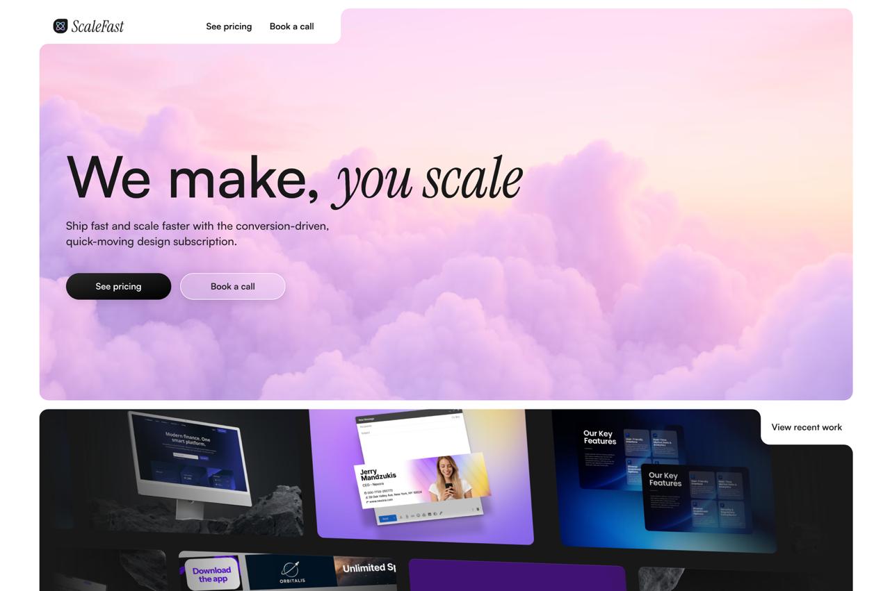 Реф Фокус 📀 #14
Воздушное портфолио с красивой анимацией.
Сайт ScaleFast.Design предлагает услуги по дизайну и разработке интерфейсов (UI/UX) с акцентом на скорость и масштабируемость. | Сетка — социальная сеть от hh.ru