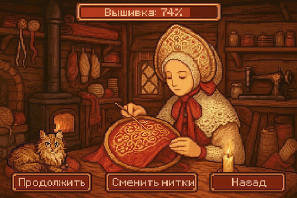 🔴 Несуществующая игра, вдохновлённая вышивкой русского кокошника.
Мастерица Елена (под ником lecoritsa) решила представить себя в пиксель-арт игре и создала с помощью ИИ такой концепт | Сетка — социальная сеть от hh.ru