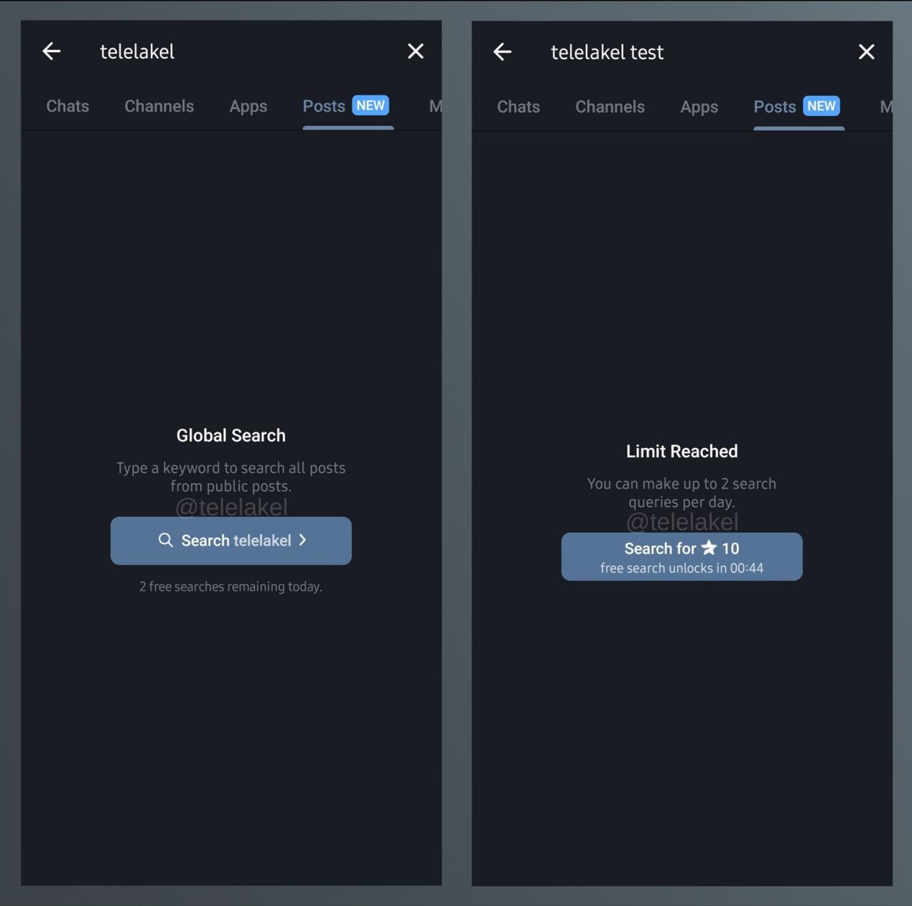 📱 В Telegram появится глобальный поиск по всем постам в мессенджере
появится в следующем обновлении. По умолчанию будет доступно 2 запроса, а дальше нужно будет платить 10 тг-звёзд за еще два | Сетка — социальная сеть от hh.ru