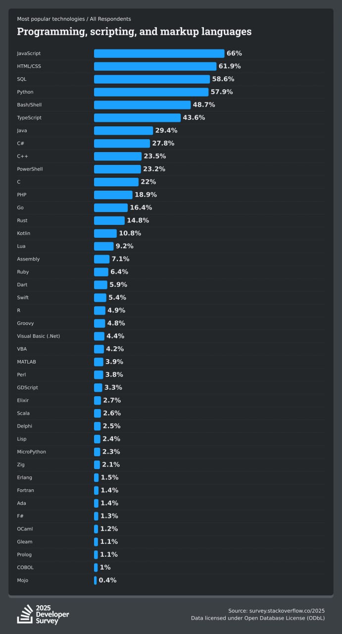 📊 Разбираем Stack Overflow Survey 2025
Вышли результаты их ежегодного опроса. Давайте про самое интересное.
🐍 Что с Python?
Использование Python взлетело на 7 процентных пунктов за год, достигнув 57 | Сетка — социальная сеть от hh.ru