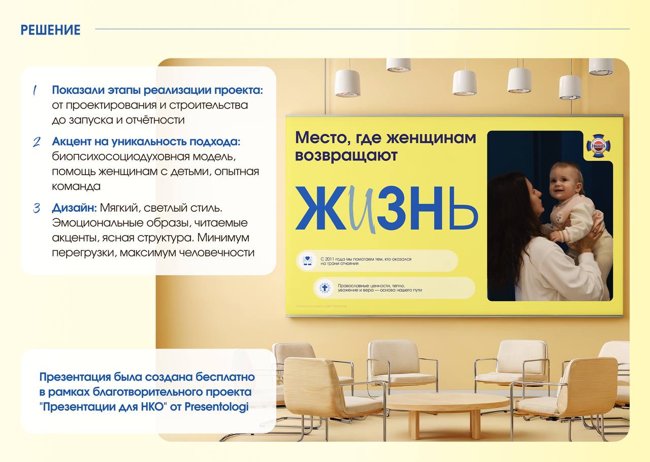 Когда тема чувствительная, особенно важны точность и деликатность
Для фонда «НИКА», который помогает зависимым женщинам, в том числе матерям с детьми, мы создали презентацию, где каждое слово и визуал... | Сетка — социальная сеть от hh.ru