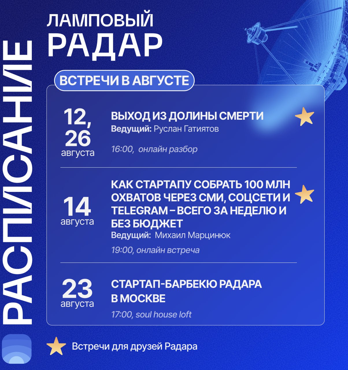 ⚡️ Август – календарь мероприятий сообщества Product Radar
🧭Долгожданная офлайн-встреча сообщества!
«Стартап-барбекю Радара в Москве»
🔴23 августа, 17:00, Soul House Loft
Подробности – уже на сайте | Сетка — социальная сеть от hh.ru
